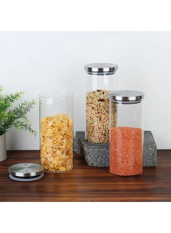 DANUBE HOME Abaco 3-Piece Glass Storage Jar Set with Stainless Steel Lid - 1500ml, Airtight, BPA-Free, Leak-Proof, Durable, Ideal for Food Storage, Kitchen Organization & Pantry Use
