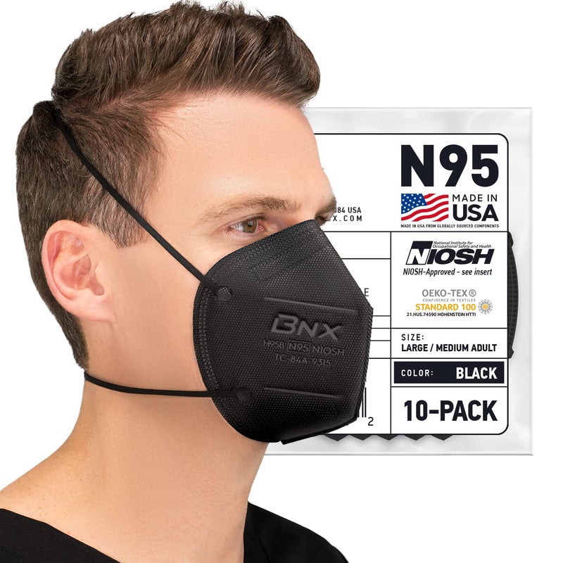 AccuMed BNX N95 Mask Black MADE IN USA Particulate Respirator Protective Face Mask (10-Pack, Approval Number TC-84A-9315 / Model H95B) - Image 1