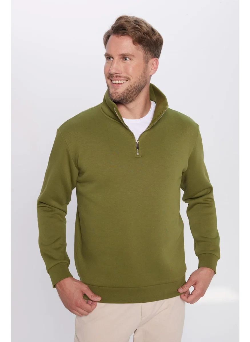 Tudors Unisex Relax Fit Comfortable Cut Cotton Fleece Half Zipper Khaki Stand Collar Sweatshirt