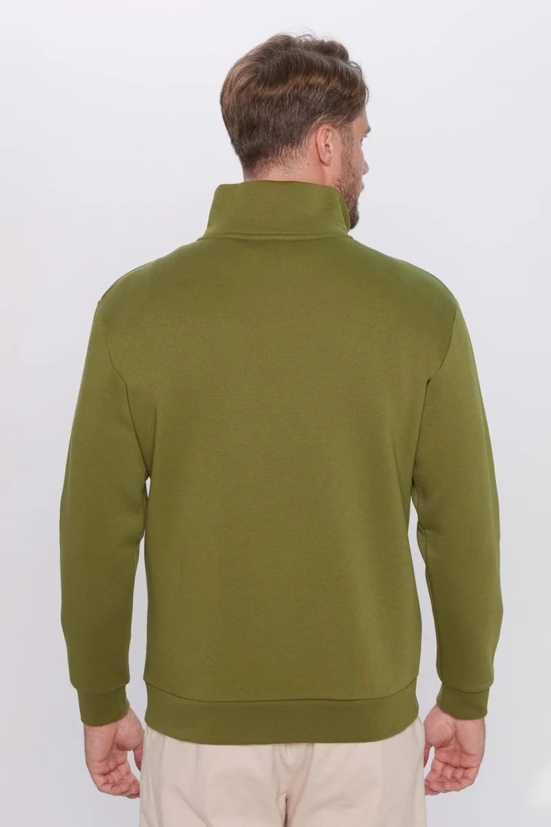 تودورس Unisex Relax Fit Comfortable Cut Cotton Fleece Half Zipper Khaki Stand Collar Sweatshirt