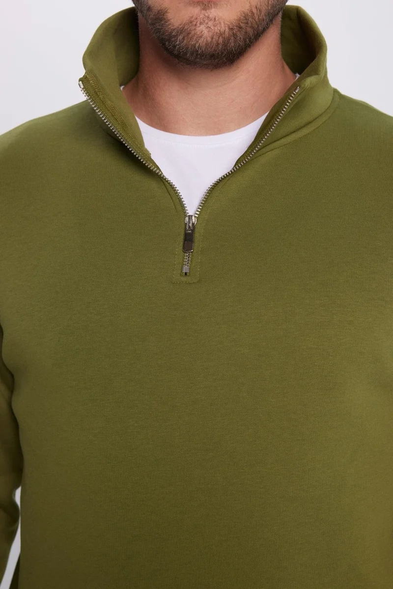 تودورس Unisex Relax Fit Comfortable Cut Cotton Fleece Half Zipper Khaki Stand Collar Sweatshirt