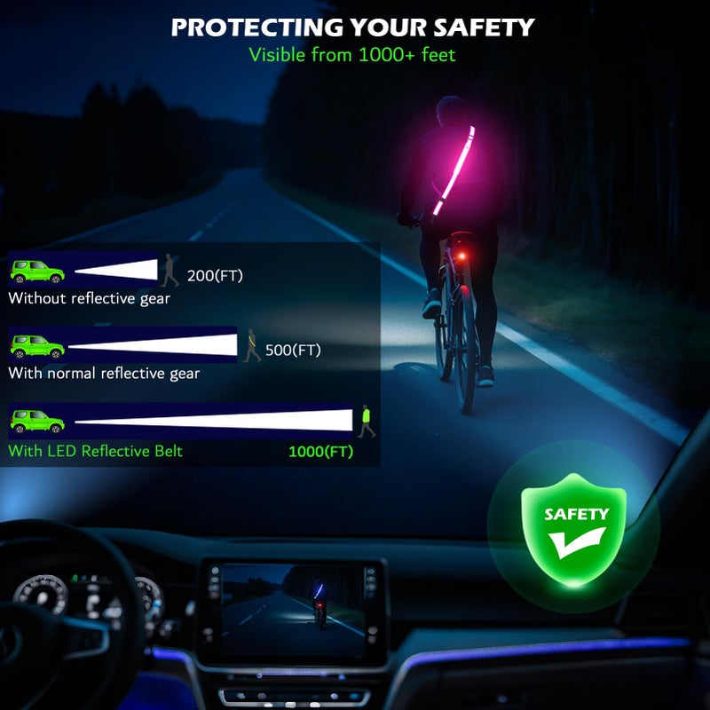 Hoeraonr LED Reflective Sash Gear for Walking at Night,Reflective Belt Safety Lights,Lights for Night Dog Walking,High Visibility Type-C Rechargeable Light Up Running Gear for Runners Walkers Men Women - Image 2