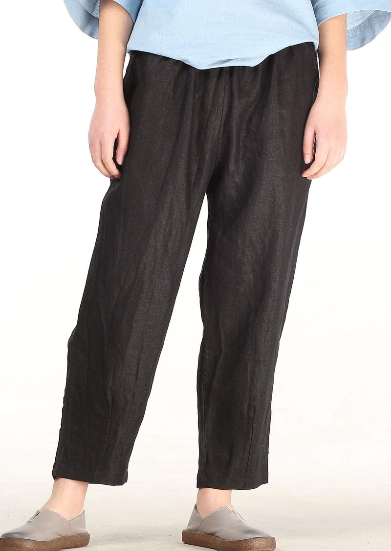 LaovanIn Women's Linen Cropped Pants Tapered Ankle Capris Trousers Elastic Waist Medium Black - Image 3