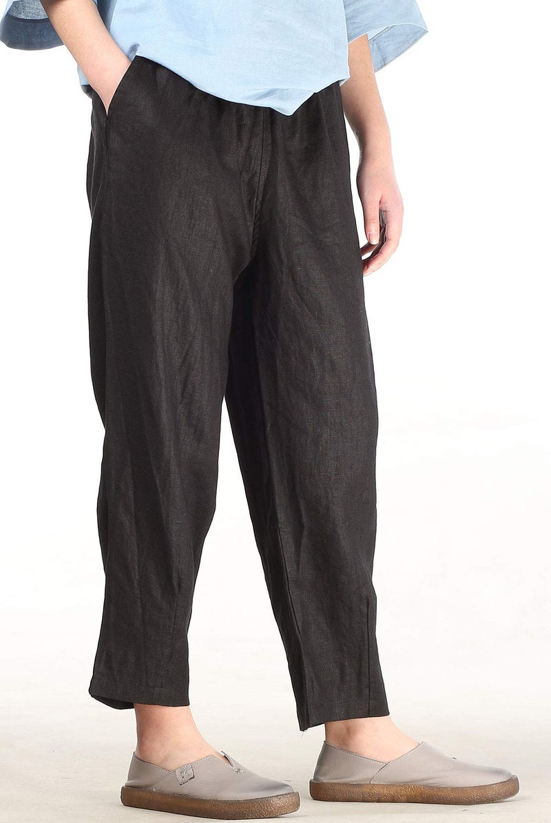 LaovanIn Women's Linen Cropped Pants Tapered Ankle Capris Trousers Elastic Waist Medium Black - Image 4