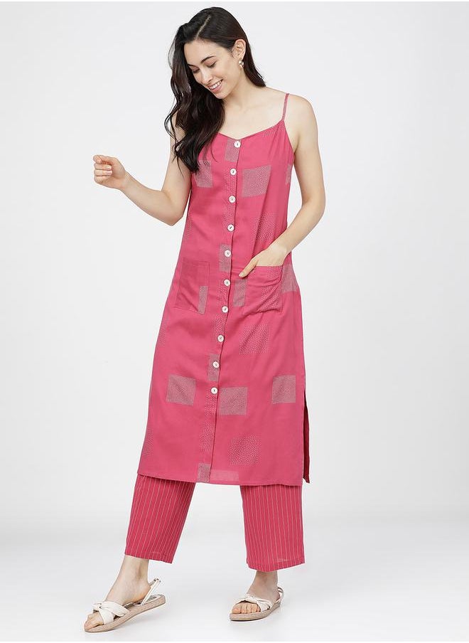 Vishudh Women Pink Printed Kurta with Palazzos by Styli  - Image 2