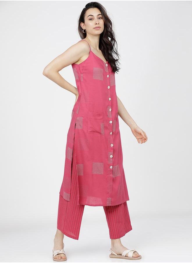 Vishudh Women Pink Printed Kurta with Palazzos by Styli  - Image 5