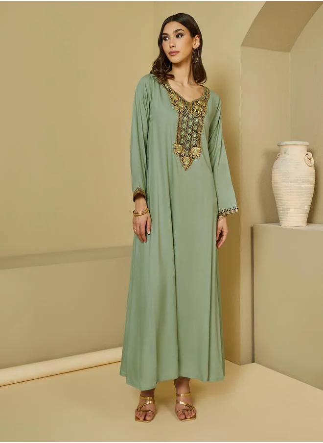 Styli Embroidered Neck A-Line Jalabiya