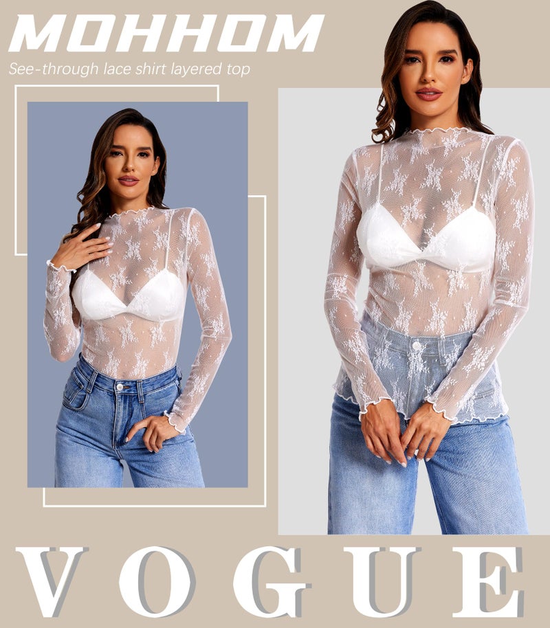 MOHHOM Womens Lace Long Sleeve Mesh Top Mock Neck Sheer Blouse See Through Floral Layering Shirt(White, Medium) - Image 3
