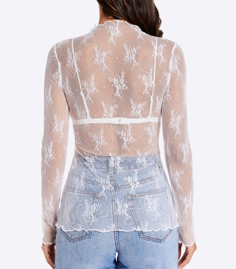 MOHHOM Womens Lace Long Sleeve Mesh Top Mock Neck Sheer Blouse See Through Floral Layering Shirt(White, Medium) - Image 2