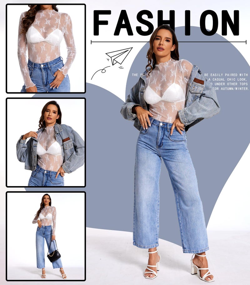 MOHHOM Womens Lace Long Sleeve Mesh Top Mock Neck Sheer Blouse See Through Floral Layering Shirt(White, Medium) - Image 4