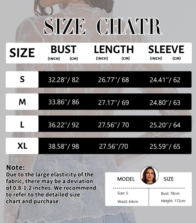 MOHHOM Womens Lace Long Sleeve Mesh Top Mock Neck Sheer Blouse See Through Floral Layering Shirt(White, Medium) - Image 5