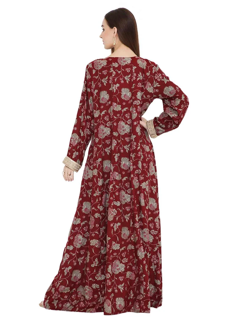 HANA & SARA HIGH QUALITY LONG FARASHA WITH GOLDEN EMBROIDERY MODEST PRINTED ARABIC KAFTAN JALABIYA DRESS