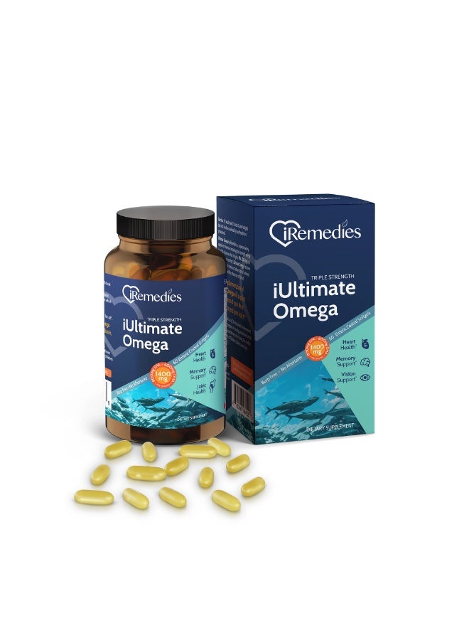 iRemedies iUltimate Omega 60's – High-Potency Omega-3 Fish Oil for Heart, Brain, and Joint Health – 60 Softgels - Image 1