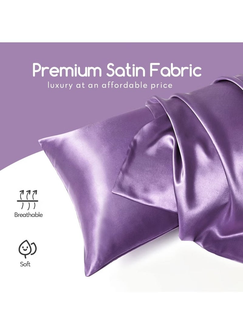 Bukela 2-Piece Simple Solid Colour Silk Satin Pillowcase with Envelope Closure for Hair and Skin Purple  - Image 3