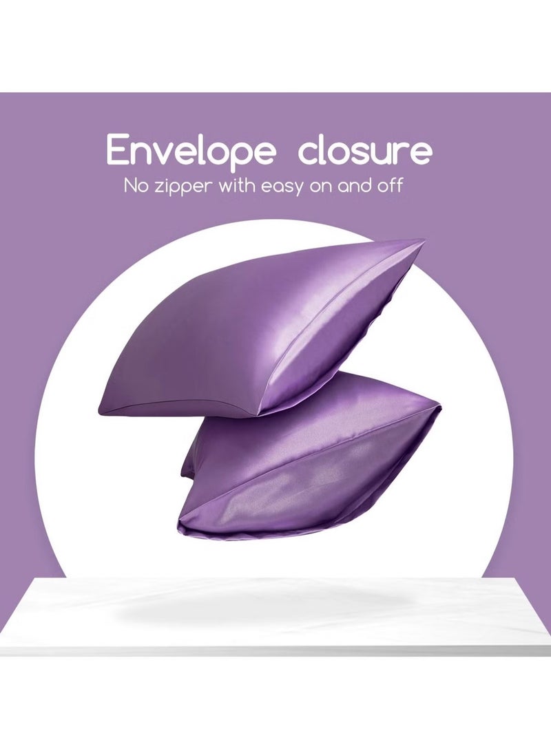 Bukela 2-Piece Simple Solid Colour Silk Satin Pillowcase with Envelope Closure for Hair and Skin Purple  - Image 2