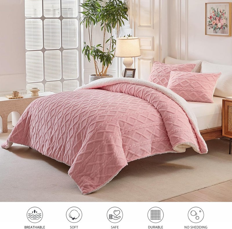 Joyreap 3-Piece Fluffy Faux Fur Sherpa Comforter Set Pink, King Size Luxury Tufted Bedding Comforter Set, All Season Soft n Cozy Plush Comforter Bed Set- 100x88 inches - Image 2