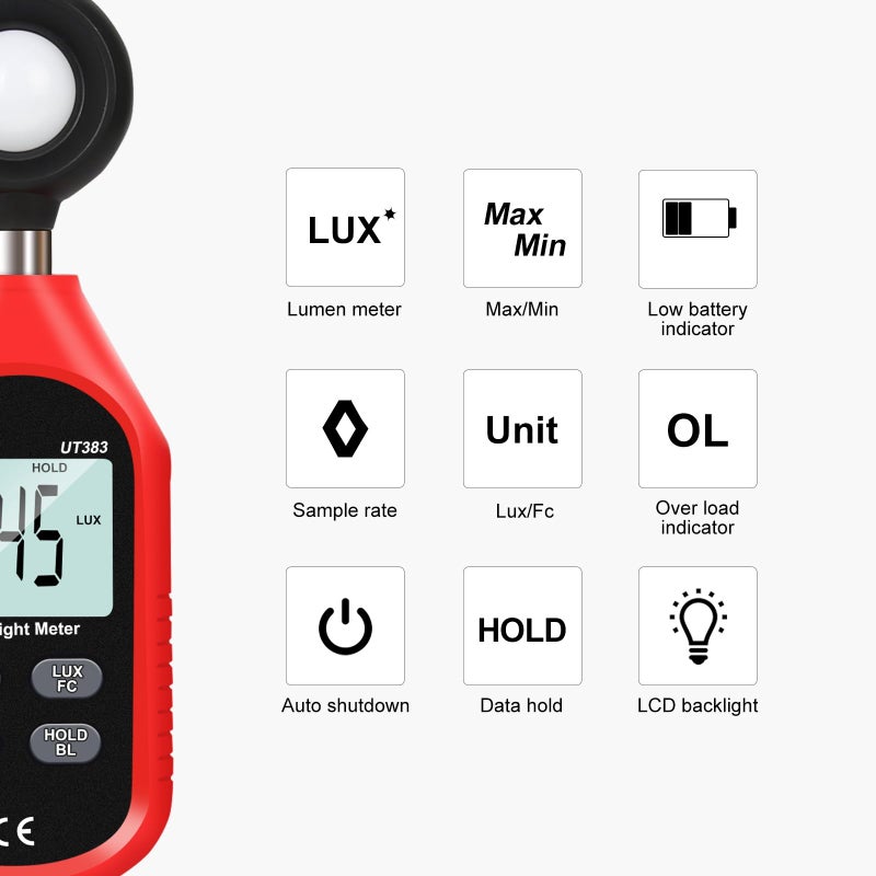 UNI-T UNI-T UT383 Light Meter Lux Meter Lumens Digital Illuminance Meter 0~199,900 Lux (0~18,500 FC) Foot Candles Luxmeter for Film Photography Plants Photometer Lighting Intensity Brightness Measurement  - Image 2