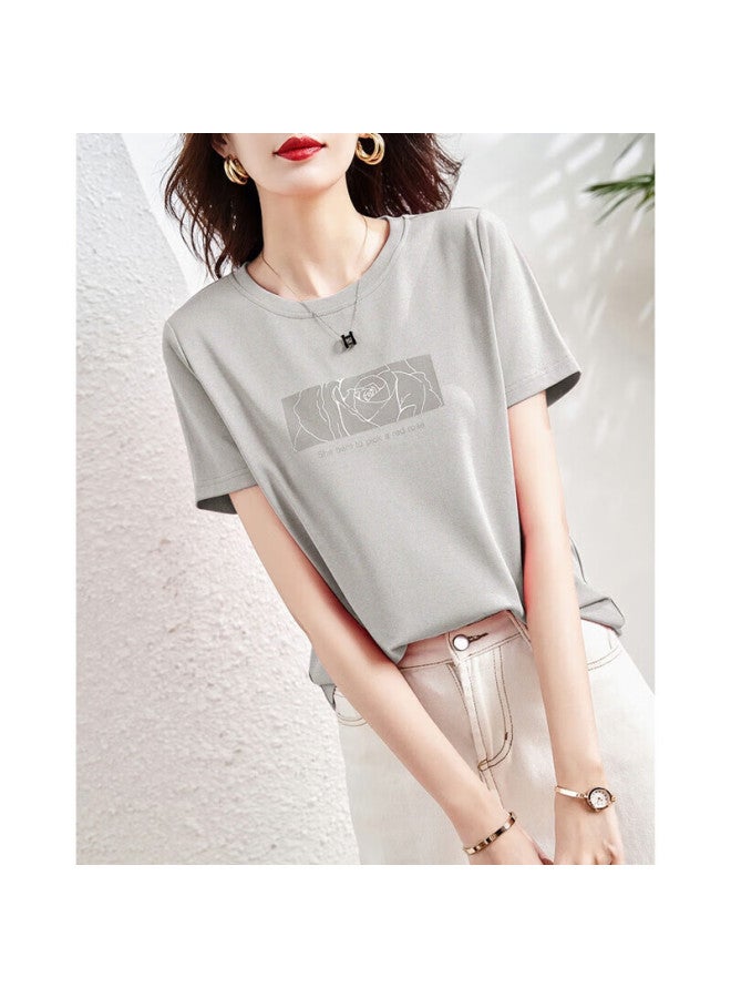 Dme Rose Print Summer Round Neck Short Sleeve Loose Fit Women's Cotton Ammonia Knitted T-shirt - Image 4