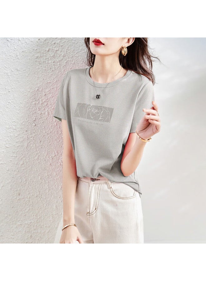 Dme Rose Print Summer Round Neck Short Sleeve Loose Fit Women's Cotton Ammonia Knitted T-shirt - Image 3