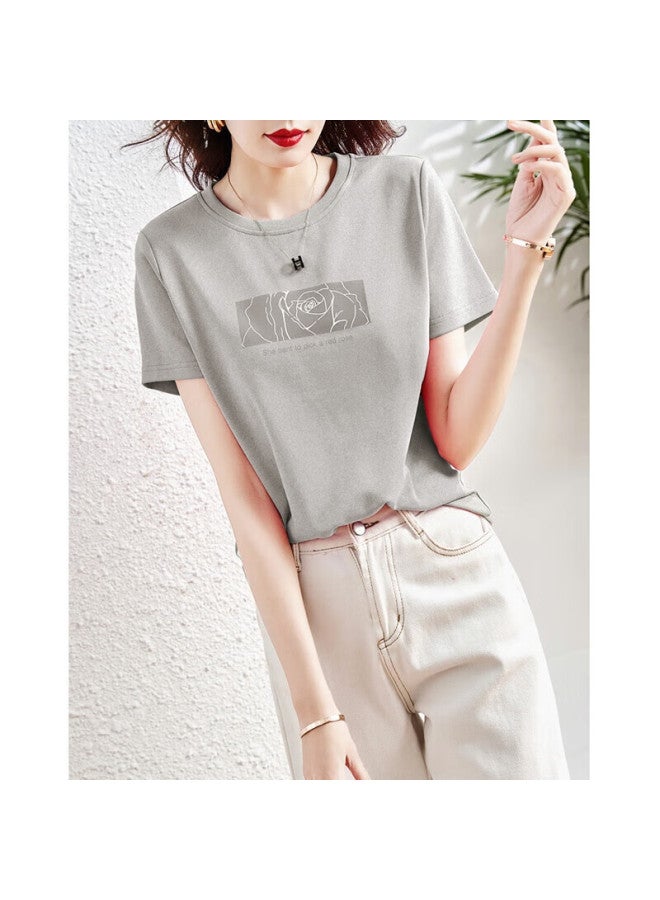 Dme Rose Print Summer Round Neck Short Sleeve Loose Fit Women's Cotton Ammonia Knitted T-shirt - Image 5