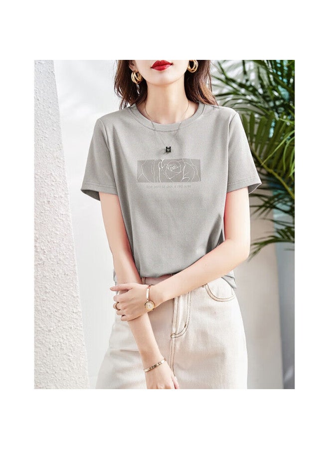 Dme Rose Print Summer Round Neck Short Sleeve Loose Fit Women's Cotton Ammonia Knitted T-shirt - Image 2
