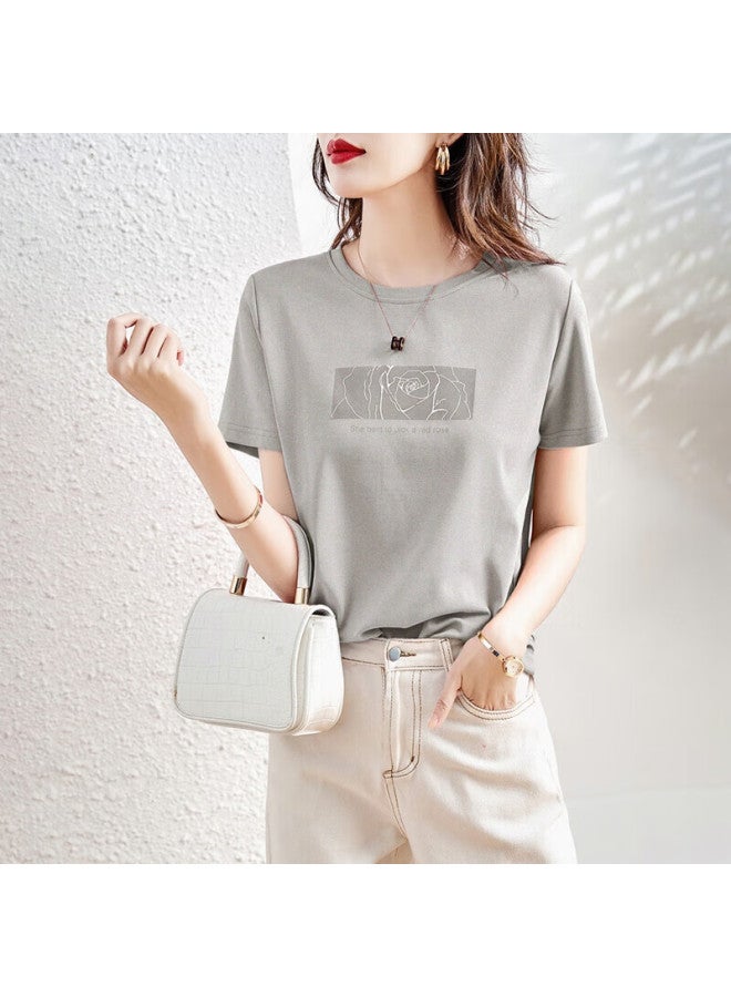 Dme Rose Print Summer Round Neck Short Sleeve Loose Fit Women's Cotton Ammonia Knitted T-shirt - Image 1