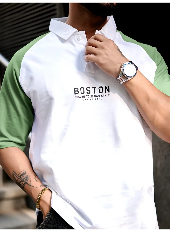 Maniac  Maniac Mens printed raglan polo neck half sleeve white and hunter green cotton oversized t-shirt for Men | Best Price UAE