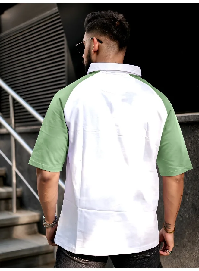 Maniac  Maniac Mens printed raglan polo neck half sleeve white and hunter green cotton oversized t-shirt for Men | Best Price UAE