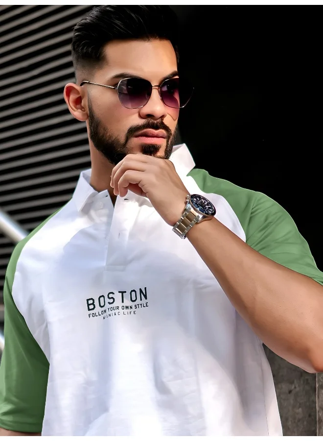 مانياك تيشيرت بولو رجالي قطن مطبوع بأكمام 3/4 مقاس كبير أبيض وأخضر غامق