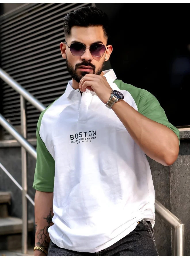 Maniac  Maniac Mens printed raglan polo neck half sleeve white and hunter green cotton oversized t-shirt for Men | Best Price UAE