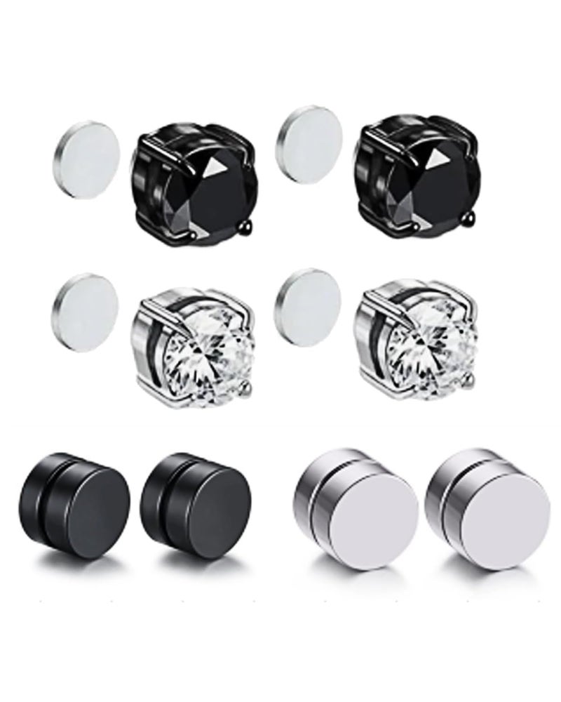 KalamkariX 4 Pairs Magnetic Earrings for Men, Silver and Black Round Stud Earrings, Non-Piercing Clip On Earrings Set, Fashionable and Comfortable for Sensitive Skin - Image 1