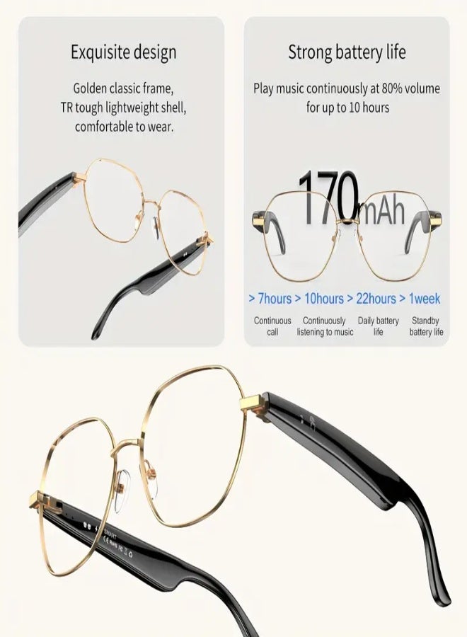 نظارات ترجمة ذكية AI بإطار ذهبي بأسلوب الأعمال – ترجمة فورية للمكالمات الصوتية، تشغيل موسيقى لاسلكي، تحكم باللمس، دعم 163 لغة، تحويل النص إلى كلام، بطارية طويلة العمر، شحن مغناطيسي، قابلة للشحن عبر USB - Image 1