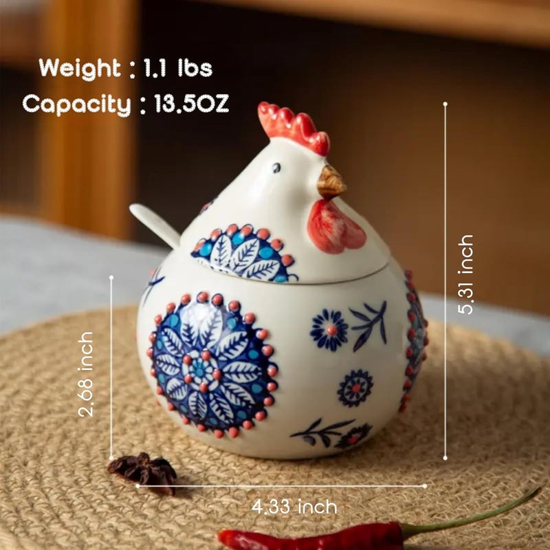 XIEFFICH 13.5 Oz Salt Cellar With Lid and Spoon (Blue)- Ceramic Chicken Spice Jars for Salt, Sugar, Pepper - Spice Containers for Countertop - Image 2