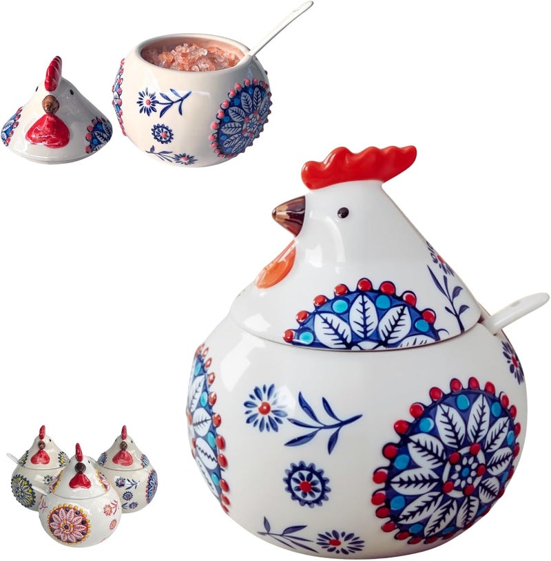 XIEFFICH 13.5 Oz Salt Cellar With Lid and Spoon (Blue)- Ceramic Chicken Spice Jars for Salt, Sugar, Pepper - Spice Containers for Countertop - Image 1
