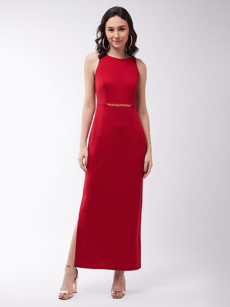Miss Chase Women's Cherry Red Solid Slim Fit Round Neck Sleeveless Maxi Dress (MCSS21D14-73-606-06,Cherry Red,XL) - Image 2