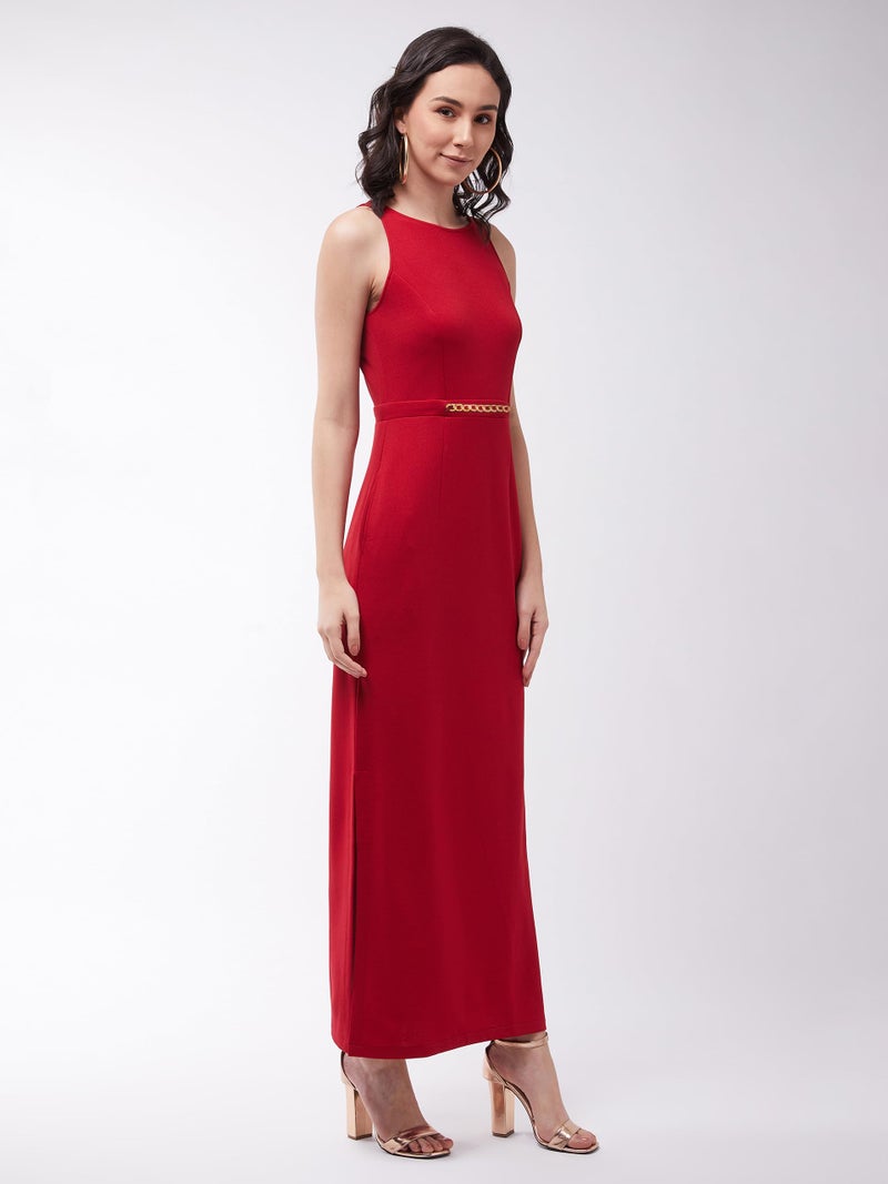 Miss Chase Women's Cherry Red Solid Slim Fit Round Neck Sleeveless Maxi Dress (MCSS21D14-73-606-06,Cherry Red,XL) - Image 3