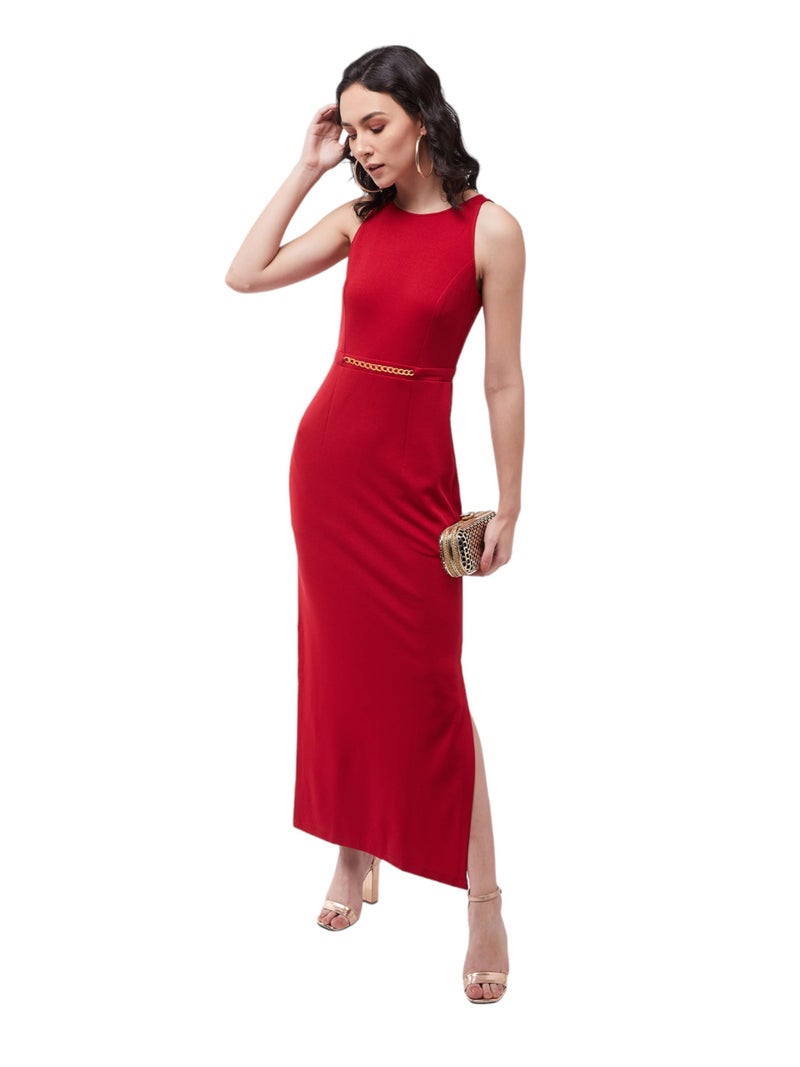 Miss Chase Women's Cherry Red Solid Slim Fit Round Neck Sleeveless Maxi Dress (MCSS21D14-73-606-06,Cherry Red,XL) - Image 1