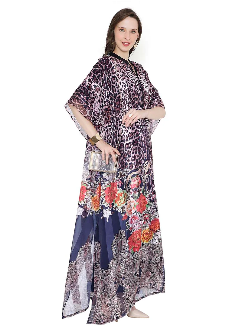 HANA & SARA ELEGANT SATIN SILK STRIPE ANIMAL PRINTED FARASHA KAFTAN JALABIYA WITH HIGH NECK COLLAR