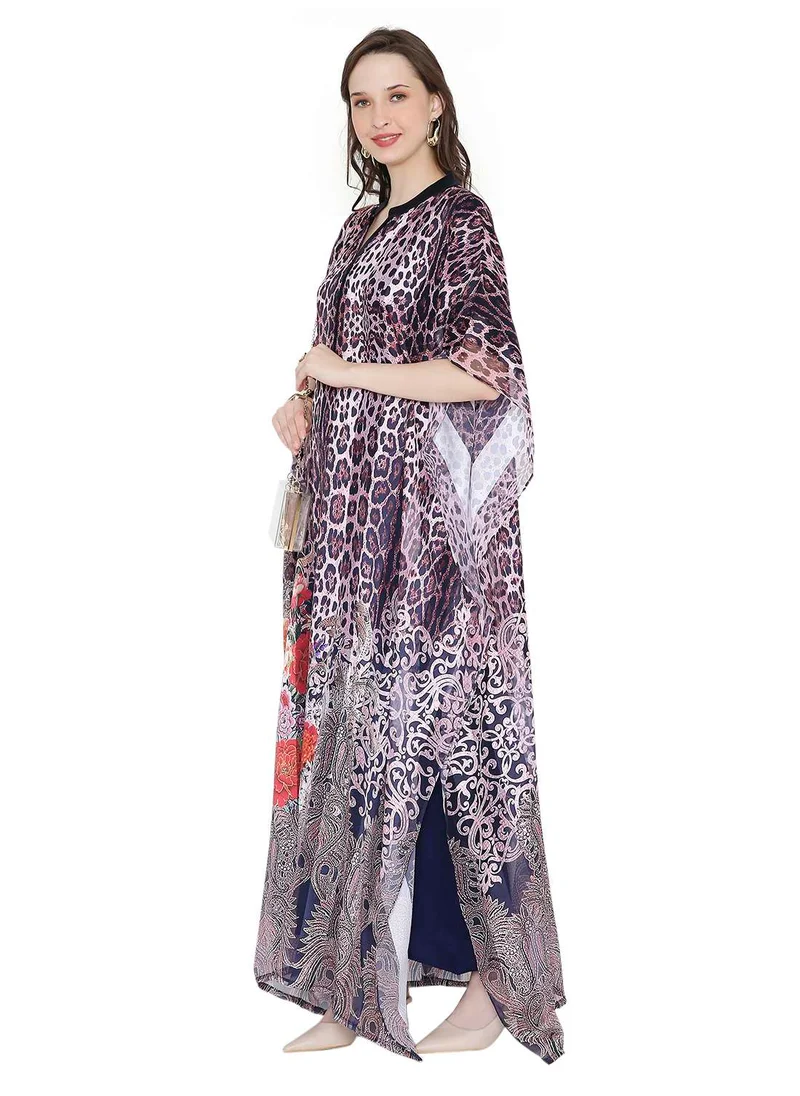 HANA & SARA ELEGANT SATIN SILK STRIPE ANIMAL PRINTED FARASHA KAFTAN JALABIYA WITH HIGH NECK COLLAR