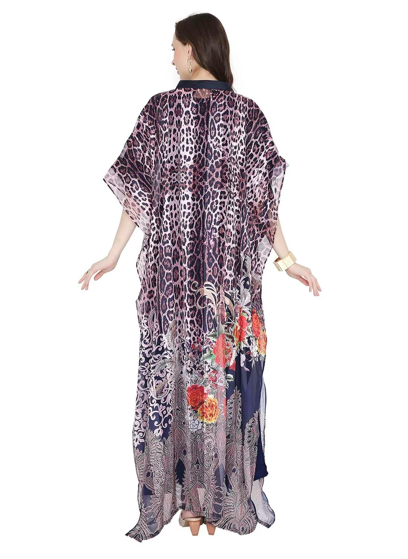 HANA & SARA ELEGANT SATIN SILK STRIPE ANIMAL PRINTED FARASHA KAFTAN JALABIYA WITH HIGH NECK COLLAR