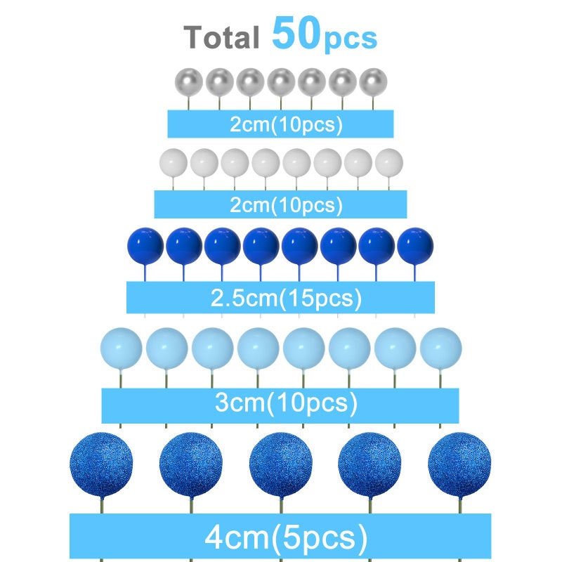 ASTARON 50 Pcs Ball Cake Topper Sticks Mini Balloons for Decorating Supplies Foam Balls Cake Toppers for Baby Shower, Birthday - Blue Series - Image 2