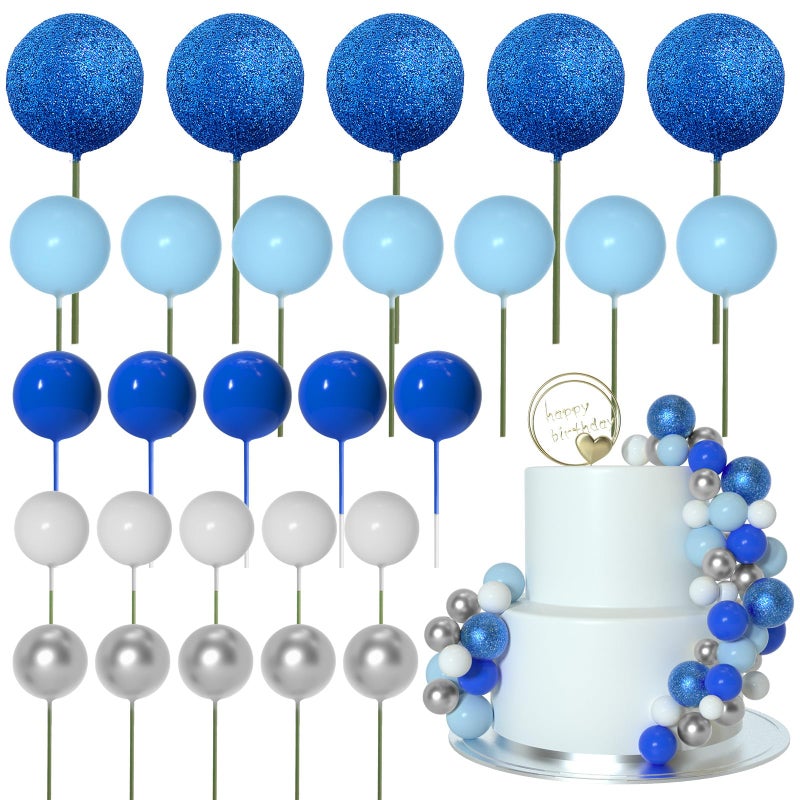 ASTARON 50 Pcs Ball Cake Topper Sticks Mini Balloons for Decorating Supplies Foam Balls Cake Toppers for Baby Shower, Birthday - Blue Series - Image 1