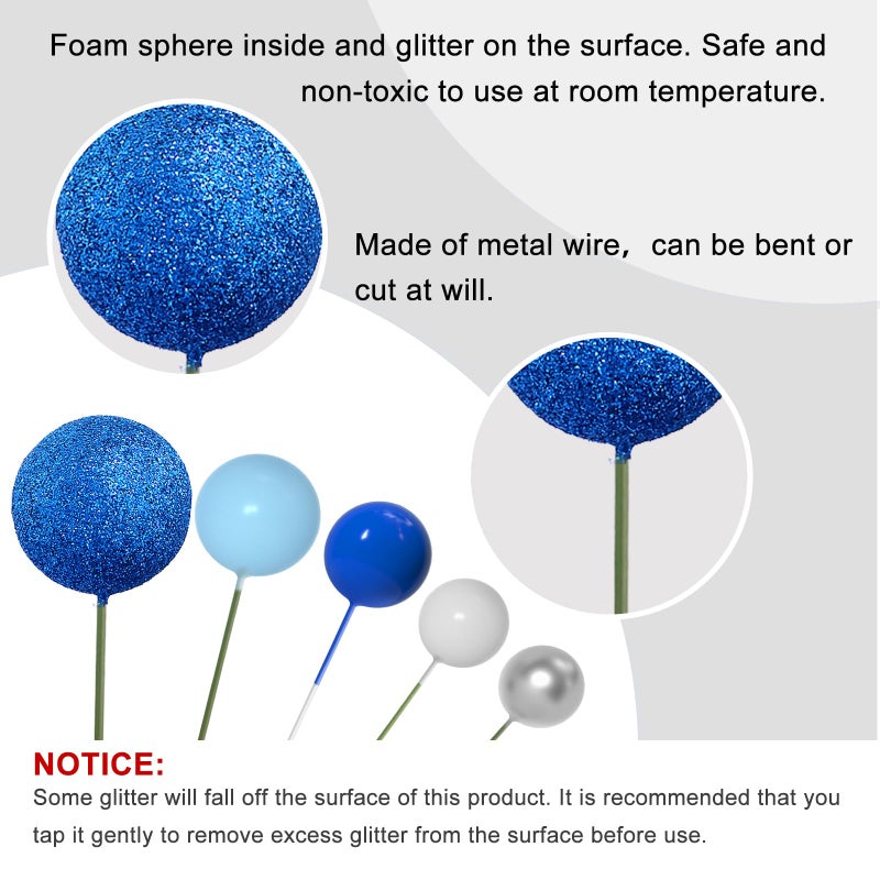 ASTARON 50 Pcs Ball Cake Topper Sticks Mini Balloons for Decorating Supplies Foam Balls Cake Toppers for Baby Shower, Birthday - Blue Series - Image 3