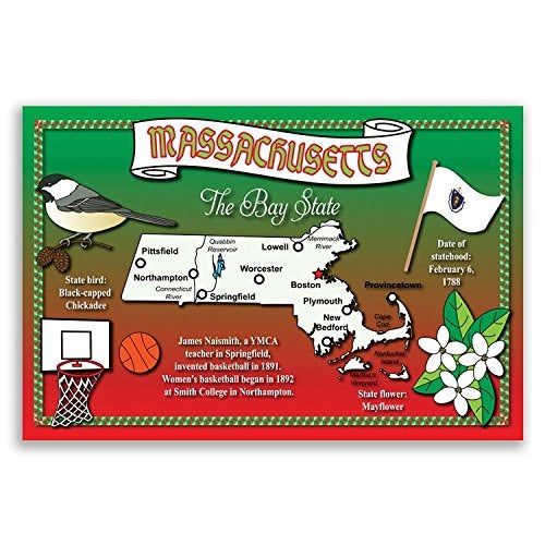 Postcard Fair MASSACHUSETTS STATE MAP postcard set of 20 identical postcards. Post cards with MA map and state symbols. Made in USA. - Image 3