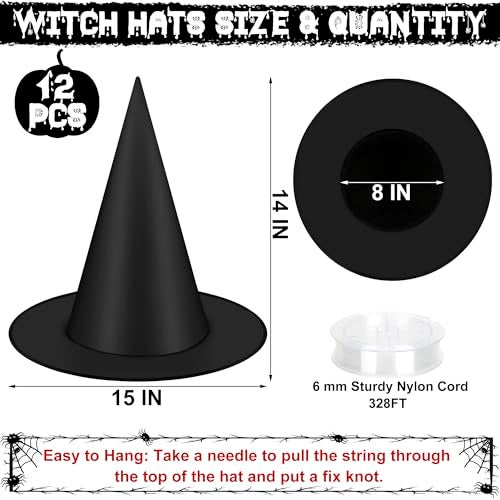 Helimoto Halloween Hanging Witch Hats & Costume Accessories, 328 FT Nylon Cord Wizard Hats, Indoor Outdoor Decorations for Home, Yard, Porch, Ceiling, Black, 12 PCS - Image 2
