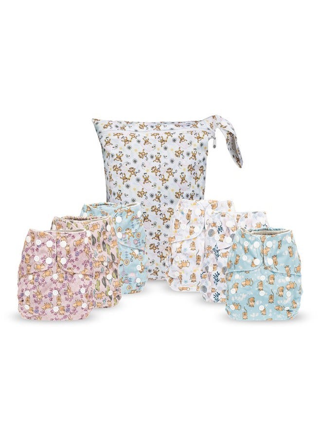 Simple Being Reusable Cloth Diapers, Double Gusset, One Size Adjustable, Washable Soft Absorbent, Waterproof Cover, Eco-Friendly Unisex Baby Girl Boy, six 4-Layers Microfiber Inserts (Monkey) - Image 1