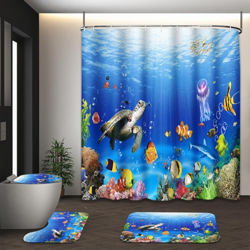 Tayney Tropical Fish Shower Curtain Set with Toilet Lid Cover and Non-Slip Rugs, Ocean Turtle Underwater World 4 Pcs Shower Curtain with 12 Hooks, Kids Bathroom Set with Rugs and Accessories - Image 1
