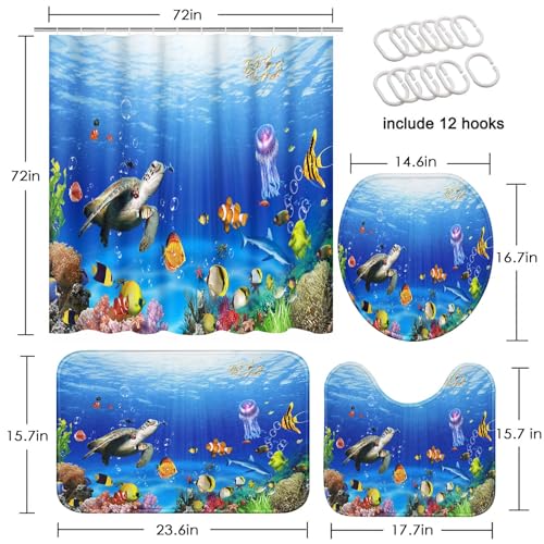 Tayney Tropical Fish Shower Curtain Set with Toilet Lid Cover and Non-Slip Rugs, Ocean Turtle Underwater World 4 Pcs Shower Curtain with 12 Hooks, Kids Bathroom Set with Rugs and Accessories - Image 2