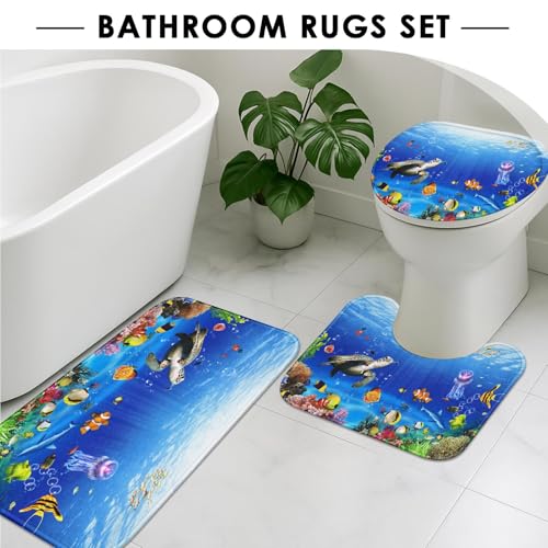 Tayney Tropical Fish Shower Curtain Set with Toilet Lid Cover and Non-Slip Rugs, Ocean Turtle Underwater World 4 Pcs Shower Curtain with 12 Hooks, Kids Bathroom Set with Rugs and Accessories - Image 5