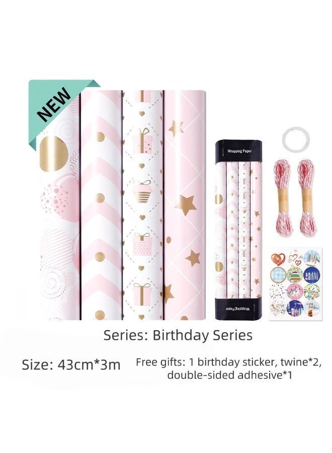 CUNUUDOOL 4 PCS Pink Gift Wrap Paper Roll, Birthday Wrapping Paper for Girl, Pastel Pink Girly Gift Wrap Paper for Valentines Day, Christmas, Wedding, Baby Shower (Mini Roll,43CM x 300CM Per Roll) - Image 2